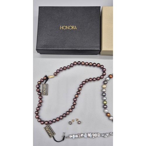 70 - Four various HONORA Freshwater cultured pearl necklaces with 14ct and silver clasps. Three 14ct yell... 