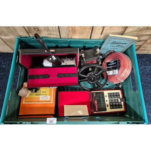 357 - Crate of collectables; Ace pathescope projector, Eumig Super 8 cine camera, Hitachi KK 221B Desk top... 