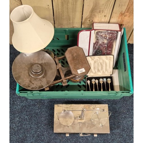 356 - A Crate of collectables; Victorian Kitchen scales, souvenir spoon set & W.A. Webb Ltd art deco jewel... 