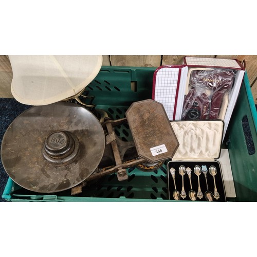 356 - A Crate of collectables; Victorian Kitchen scales, souvenir spoon set & W.A. Webb Ltd art deco jewel... 