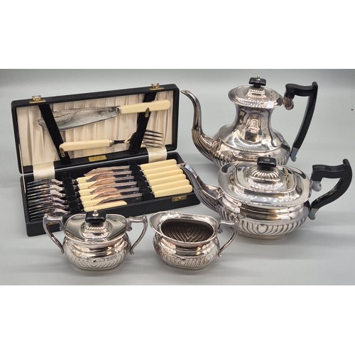 171 - Four piece silver plated coffee and tea service. Together with a boxed Fork, knives and serving set.