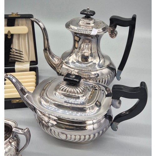 171 - Four piece silver plated coffee and tea service. Together with a boxed Fork, knives and serving set.