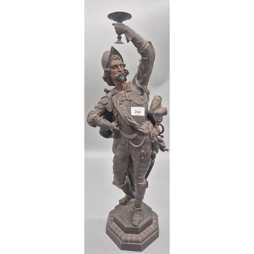 244 - Large 19th century Bronzed spelter French Cavalier figure sculpture. Converted to a table lamp. [65c... 