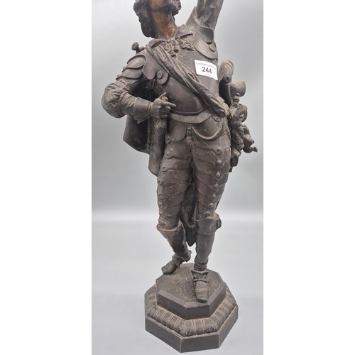 244 - Large 19th century Bronzed spelter French Cavalier figure sculpture. Converted to a table lamp. [65c... 