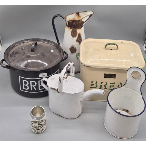 246 - Crate of vintage Enamelled kitchen ware; Lidded bread bin, Water jug, Salt pot, Watering can and one... 