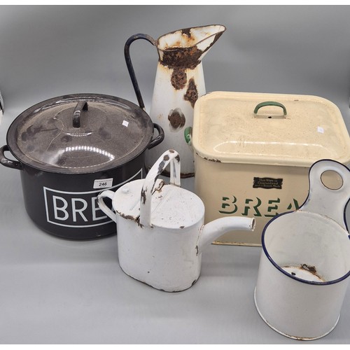 246 - Crate of vintage Enamelled kitchen ware; Lidded bread bin, Water jug, Salt pot, Watering can and one... 