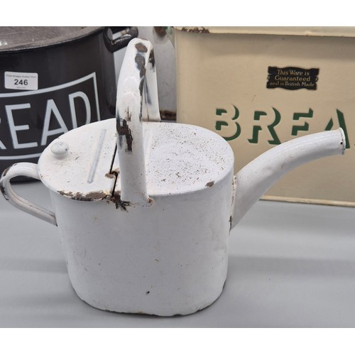 246 - Crate of vintage Enamelled kitchen ware; Lidded bread bin, Water jug, Salt pot, Watering can and one... 