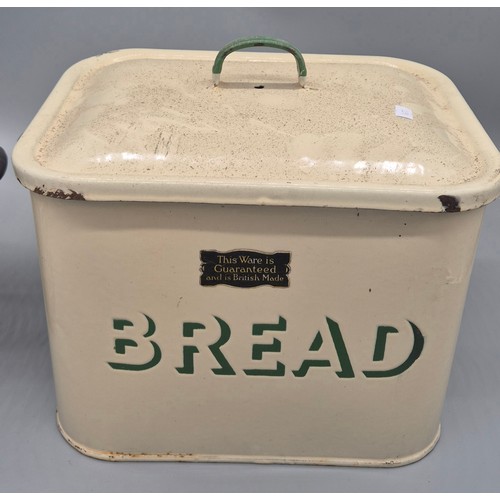 246 - Crate of vintage Enamelled kitchen ware; Lidded bread bin, Water jug, Salt pot, Watering can and one... 