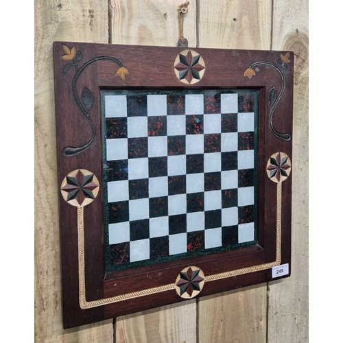 249 - Antique hand painted chess board fitted within a carved wood and hand painted frame. [Frame- 43x43cm... 