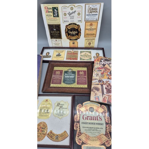 254 - A Collection of framed unused whisky labels; Grants label, Robbie Burns, Glen Elgin and many more