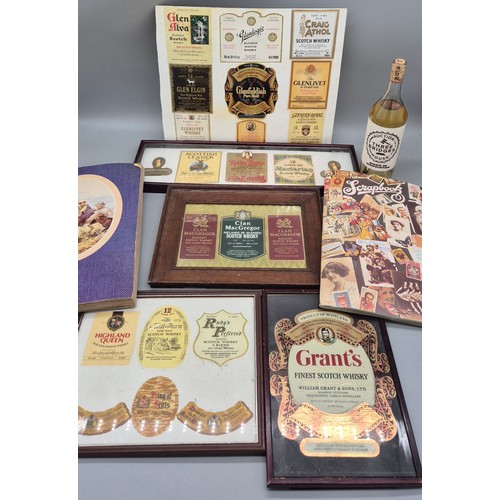 254 - A Collection of framed unused whisky labels; Grants label, Robbie Burns, Glen Elgin and many more