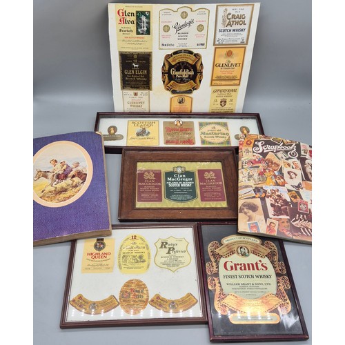 254 - A Collection of framed unused whisky labels; Grants label, Robbie Burns, Glen Elgin and many more