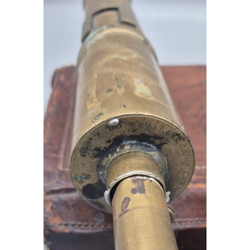 200 - Antique brass scope- Watkins- Charing Cross London. Together with antique leather bound ammo box.