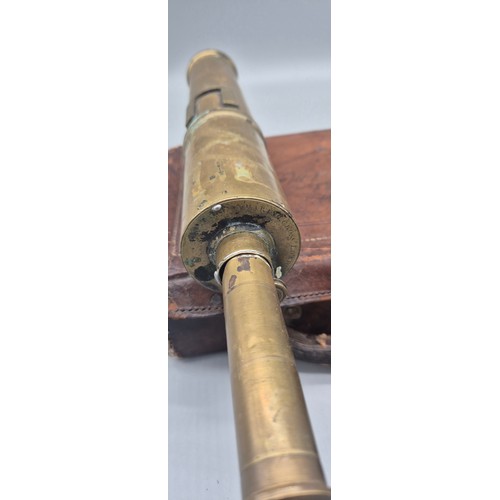 200 - Antique brass scope- Watkins- Charing Cross London. Together with antique leather bound ammo box.