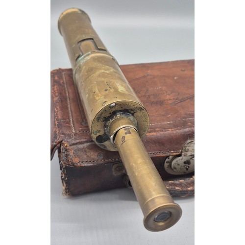 200 - Antique brass scope- Watkins- Charing Cross London. Together with antique leather bound ammo box.