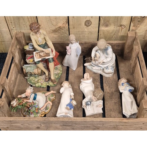 394 - A Crate of Collectable Porcelain Figures; Large Nao figurines Bed time themed, Large Capodimonte Stu... 