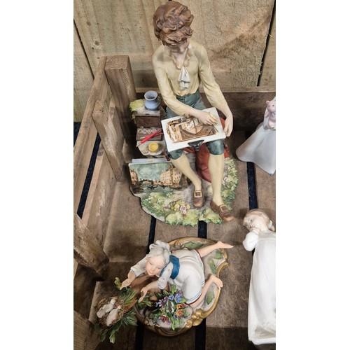 394 - A Crate of Collectable Porcelain Figures; Large Nao figurines Bed time themed, Large Capodimonte Stu... 