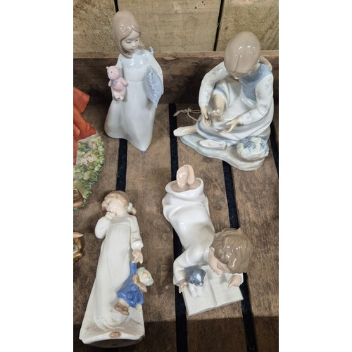 394 - A Crate of Collectable Porcelain Figures; Large Nao figurines Bed time themed, Large Capodimonte Stu... 