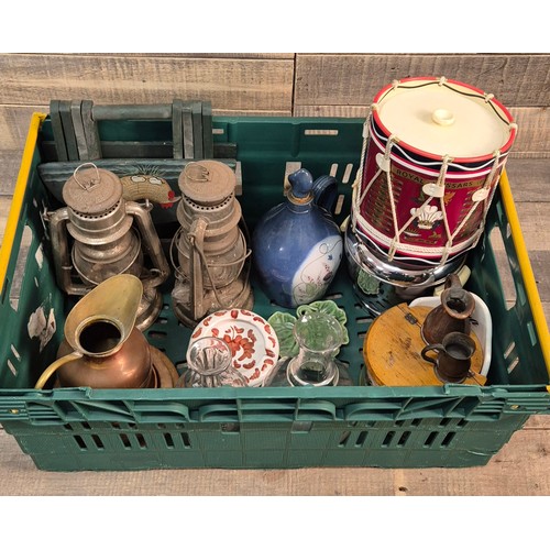 263 - Crate of collectables; Buchan pottery flagon, art deco chrome and white Bakelite ice bucket, Hussars... 