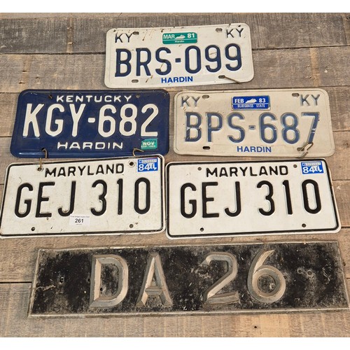 261 - A Lot of Five American reg plates and British raised reg plate. Maryland and Kentucky.