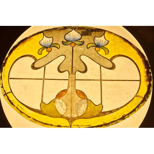 205 - Art Nouveau Inspired oval hand painted stained glass panel. [39x54cm]