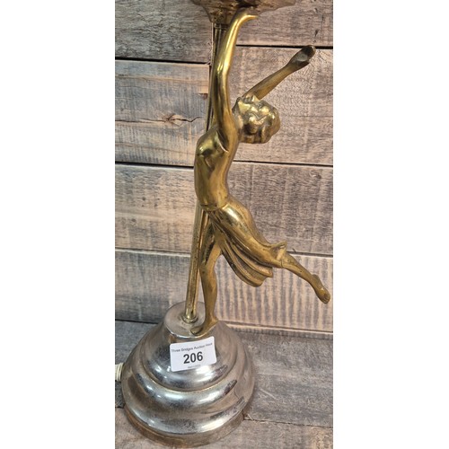 206 - Art Deco inspired brass and chrome figural lady lamp. Comes with pink tone globe shade. [47.5cm high... 