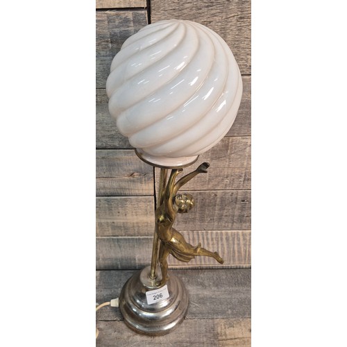 206 - Art Deco inspired brass and chrome figural lady lamp. Comes with pink tone globe shade. [47.5cm high... 