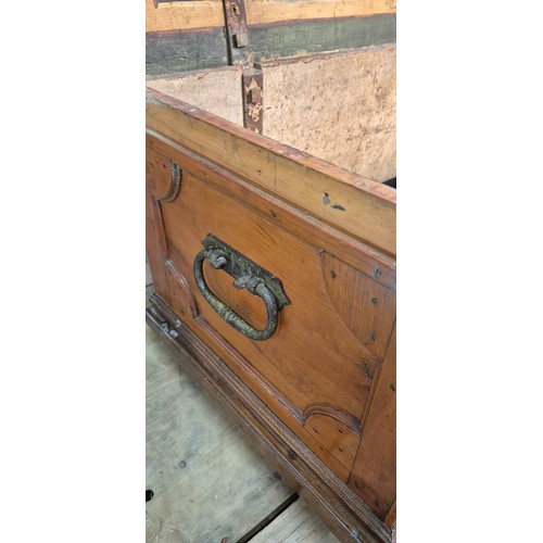 184 - 19th century travel trunk; fitted with heavy wrought iron handles. Painted panel to the interior of ... 