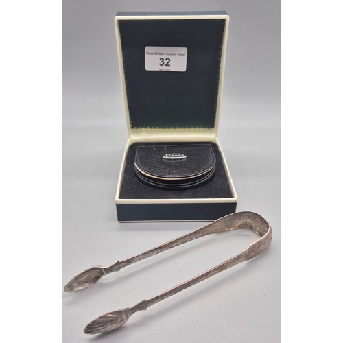 32 - Georgian Edinburgh silver sugar tongs. Produced by James McKay. Together with Dalvey boxed folding c... 