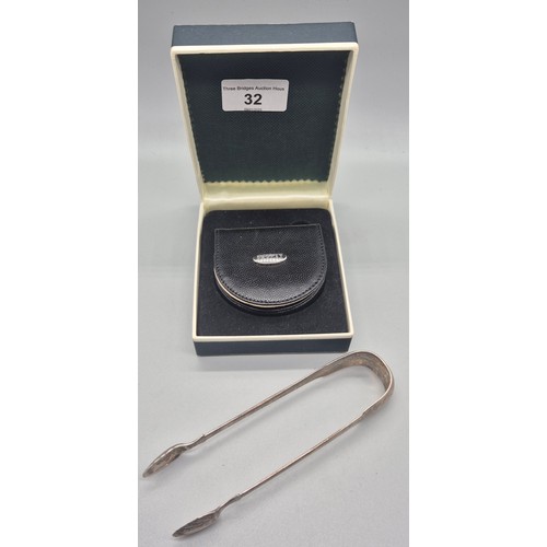 32 - Georgian Edinburgh silver sugar tongs. Produced by James McKay. Together with Dalvey boxed folding c... 