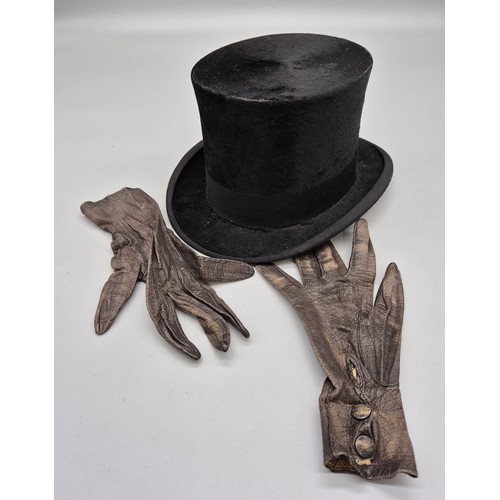 403 - Antique H.M The King Frazers of Perth Ltd WoodRow London top hat with gloves with original box