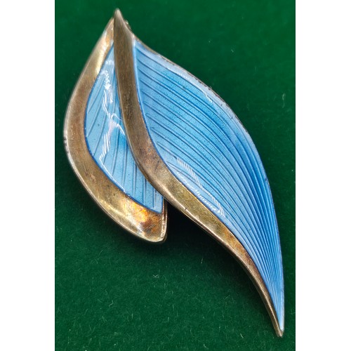 2 - Vintage Norwegian 925 Silver and blue enamel leaf brooch by Albert Scharning. [5.5cm length]