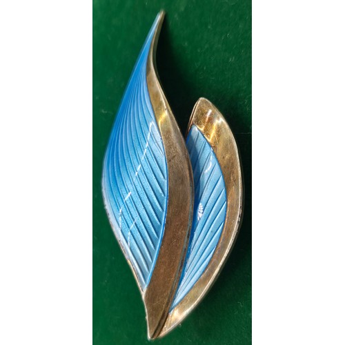 2 - Vintage Norwegian 925 Silver and blue enamel leaf brooch by Albert Scharning. [5.5cm length]