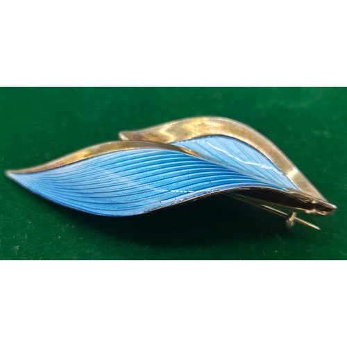 2 - Vintage Norwegian 925 Silver and blue enamel leaf brooch by Albert Scharning. [5.5cm length]