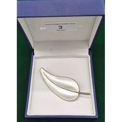 3 - Vintage Danish 925 sterling silver and white enamel leaf brooch by Volmer Bahner. [7.5cm length]