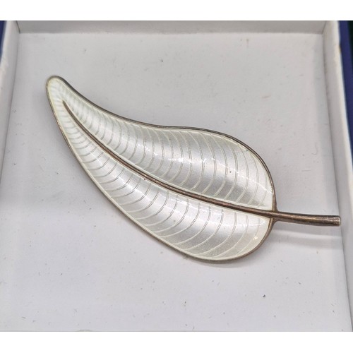 3 - Vintage Danish 925 sterling silver and white enamel leaf brooch by Volmer Bahner. [7.5cm length]