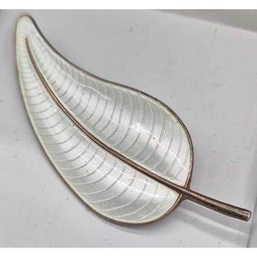 3 - Vintage Danish 925 sterling silver and white enamel leaf brooch by Volmer Bahner. [7.5cm length]