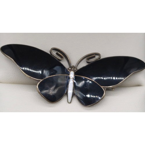 4 - Vintage Norwegian 925 Silver and black enamel butterfly brooch. Together with Norwegian Viking longb... 