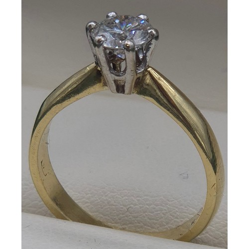 6 - 18ct yellow gold solitaire diamond ring. 0.75ct diamond. Round cut. [Ring size M] [3.71grams]