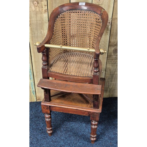 345 - 19th century child's high chair. Bergere tub chair. Brass rod. raised on a square table. Turned legs... 