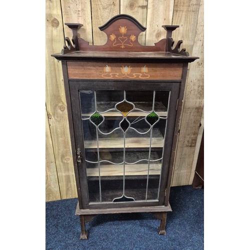 348 - Early 20th century art nouveau music cabinet. Gallery top section. Stained glass door with interior ... 