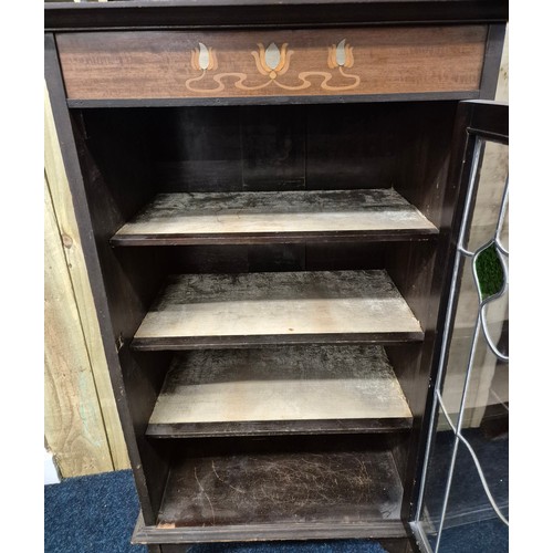 348 - Early 20th century art nouveau music cabinet. Gallery top section. Stained glass door with interior ... 