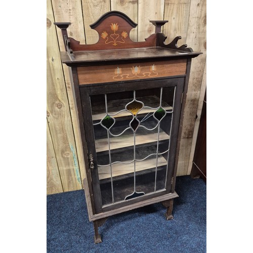 348 - Early 20th century art nouveau music cabinet. Gallery top section. Stained glass door with interior ... 