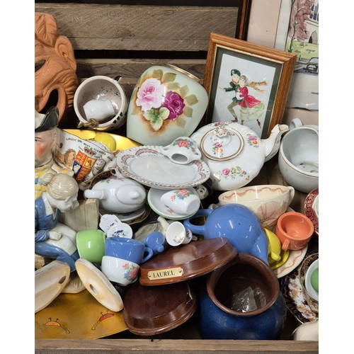 464 - A Crate of collectables; Beswick cat with mouse, Laurel & Hardy figures, King George Toby jug & othe... 