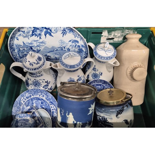 462 - A Crate of collectables; Bavaria porcelain hot pots, early 20th century blue & white eastern scene c... 