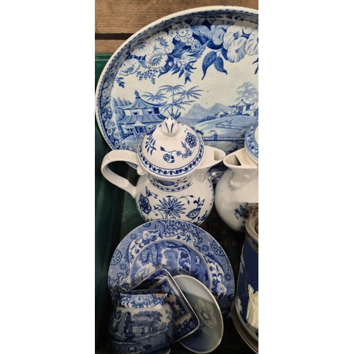 462 - A Crate of collectables; Bavaria porcelain hot pots, early 20th century blue & white eastern scene c... 