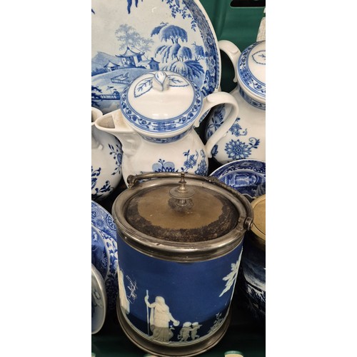 462 - A Crate of collectables; Bavaria porcelain hot pots, early 20th century blue & white eastern scene c... 