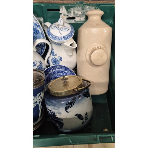 462 - A Crate of collectables; Bavaria porcelain hot pots, early 20th century blue & white eastern scene c... 