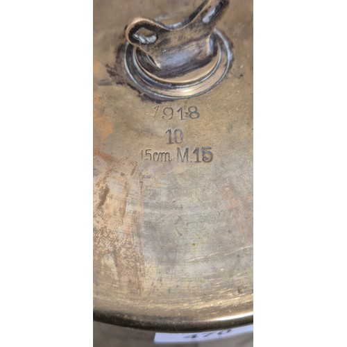 470 - WW1 brass shell Engraved with insignia and initials W.S.S. Possible used for mess bell [33.5cm high]