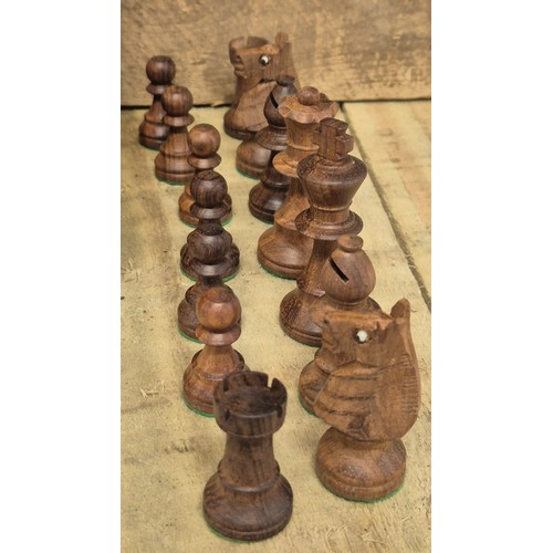 471 - Boxed hand worked wooden chess set [Missing two dark wood pawns]